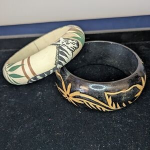 Hand-Painted Wood Bangle Bracelets - Black & Cream Floral Zebra